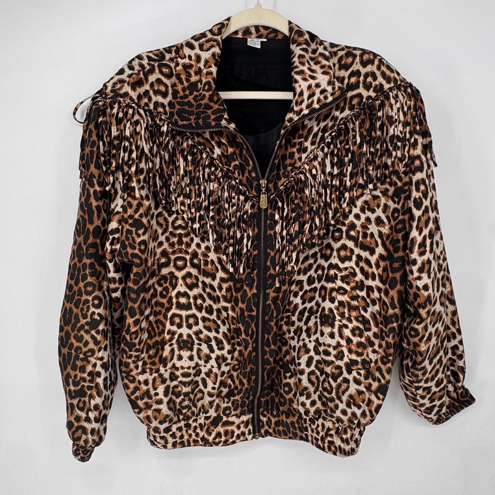 Fuda International Silk Fringe Bomber Jacket Womens Large Brown Leopard Good Vtg